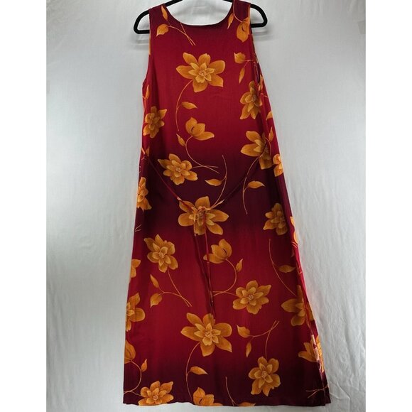 Jane Ashley Maxi Dress Womens L Sleeveless Waist Tie Floral Red Orange - Picture 2 of 10